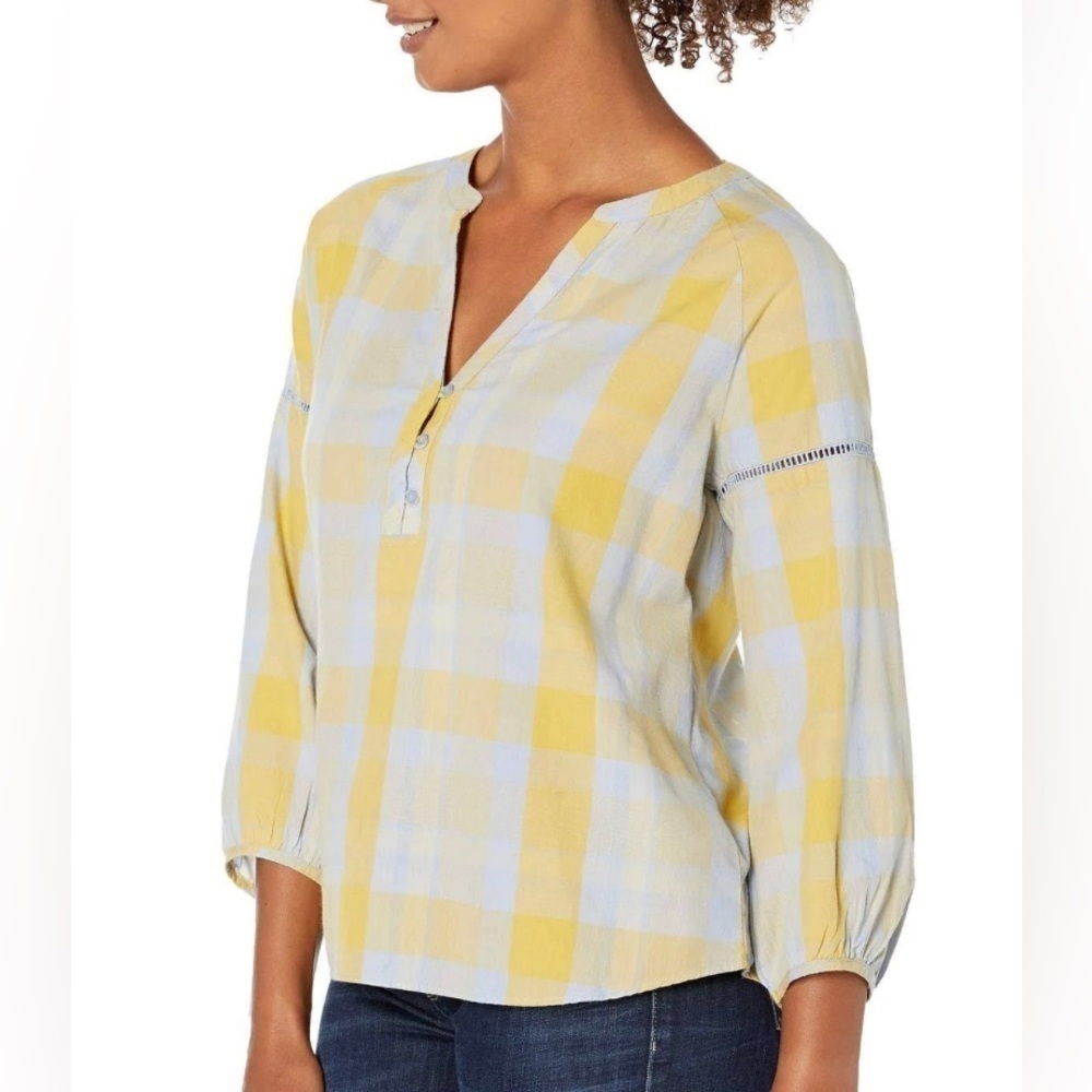 Prana ELENA Top V-Neck Relax Fit 3/4 Sleeve Organic Medium Plaid Yellow